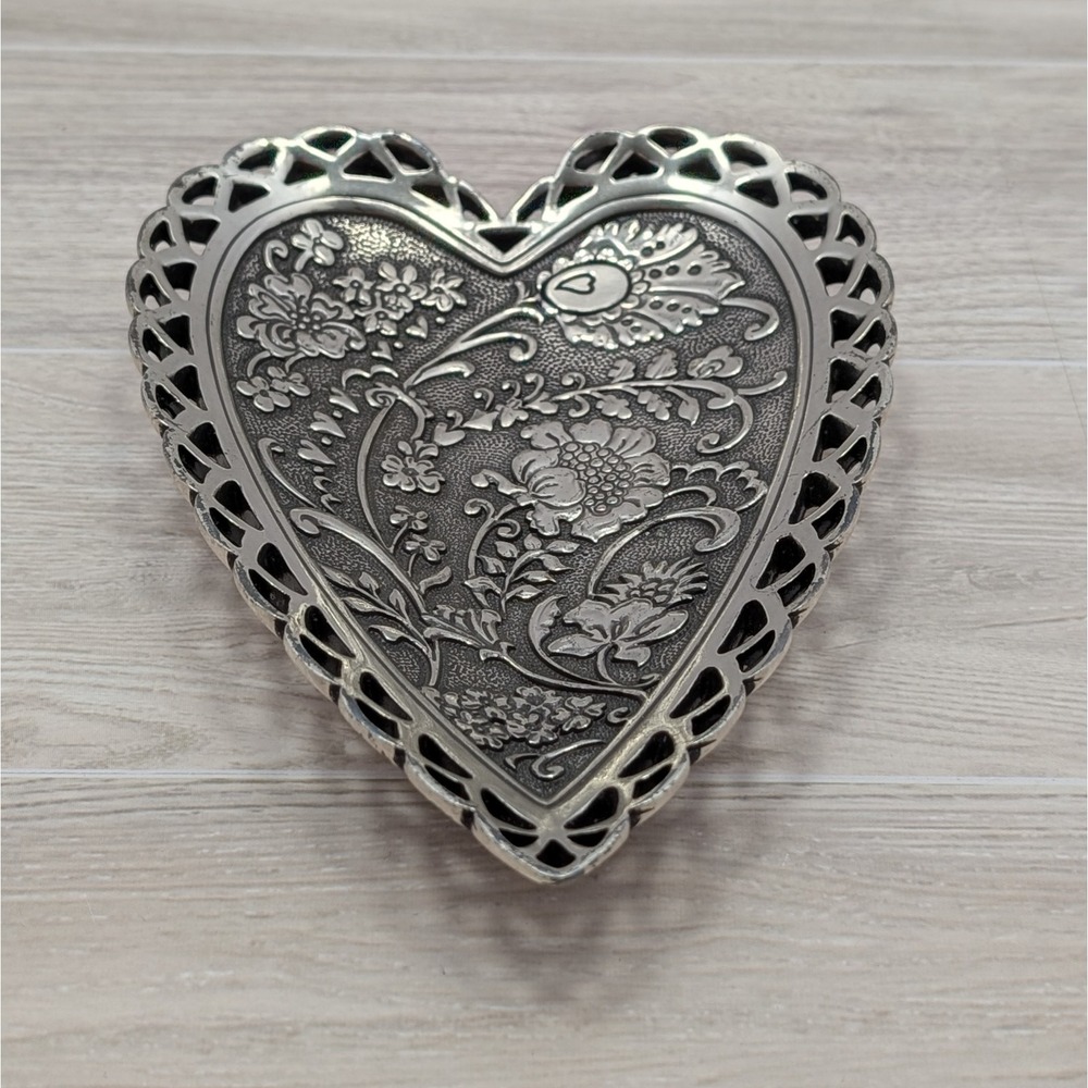 Brighton Heart Cutout Floral Vanity Tray Silver Tone Taiwan 10" Engraved Trinket
